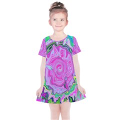 Groovy Pink, Blue And Green Abstract Liquid Art Kids  Simple Cotton Dress by myrubiogarden