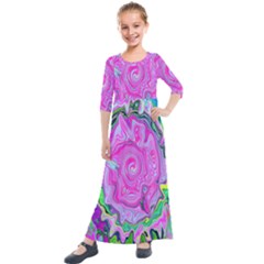 Groovy Pink, Blue And Green Abstract Liquid Art Kids  Quarter Sleeve Maxi Dress by myrubiogarden