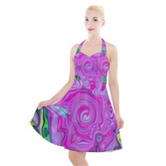 Groovy Pink, Blue And Green Abstract Liquid Art Halter Party Swing Dress 