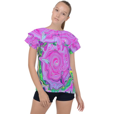 Groovy Pink, Blue And Green Abstract Liquid Art Ruffle Collar Chiffon Blouse by myrubiogarden