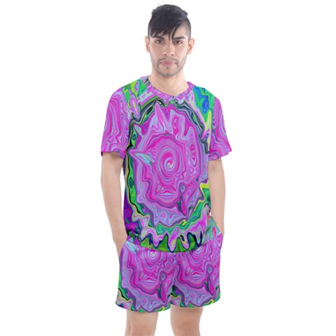 Groovy Pink, Blue And Green Abstract Liquid Art Men s Mesh Tee And Shorts Set by myrubiogarden