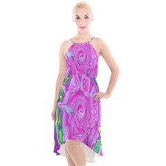 Groovy Pink, Blue And Green Abstract Liquid Art High-low Halter Chiffon Dress 