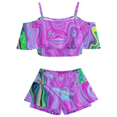 Groovy Pink, Blue And Green Abstract Liquid Art Kids  Off Shoulder Skirt Bikini