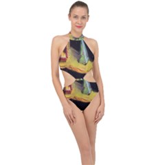 Cosmicchristmastree Halter Side Cut Swimsuit by chellerayartisans