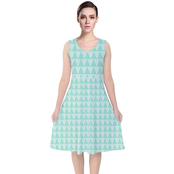 Mint Triangle shape pattern V-Neck Midi Sleeveless Dress 