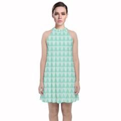 Mint Triangle Shape Pattern Velvet Halter Neckline Dress  by picsaspassion