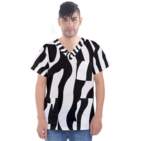 Zebra Horse Pattern Black And White Men s V-neck Scrub Top by picsaspassion