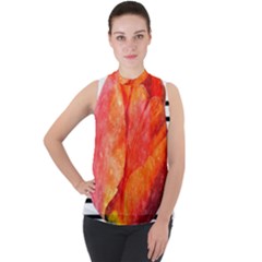 Red Tulip And Black Stripes Mock Neck Chiffon Sleeveless Top