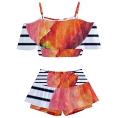 Red Tulip And Black Stripes Kids  Off Shoulder Skirt Bikini