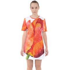 Red Tulip, Watercolor Art Sixties Short Sleeve Mini Dress by picsaspassion