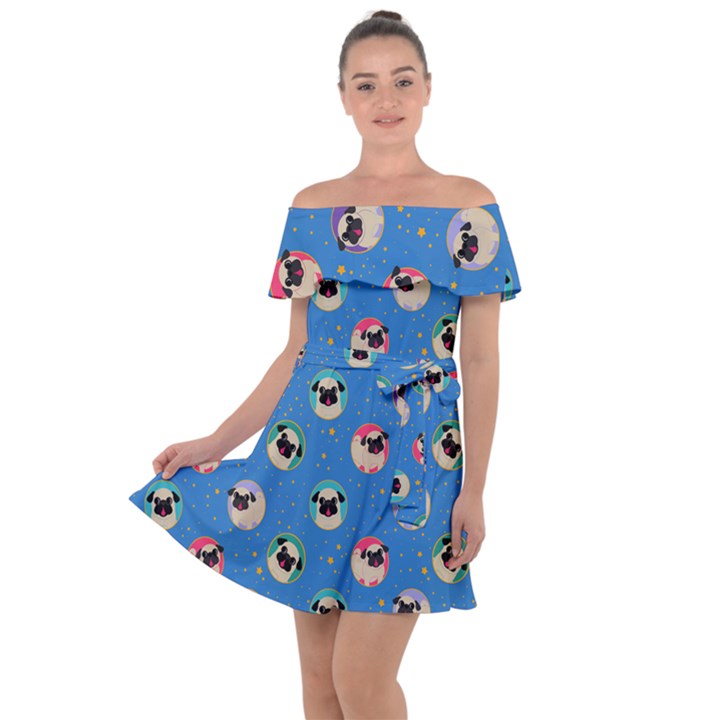 Pugs In Circles With Stars Off Shoulder Velour Dress