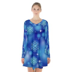 Blue Background Christmas Long Sleeve Velvet V-neck Dress by Wegoenart