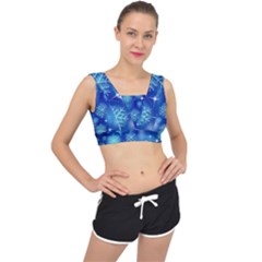 Blue Background Christmas V-back Sports Bra by Wegoenart