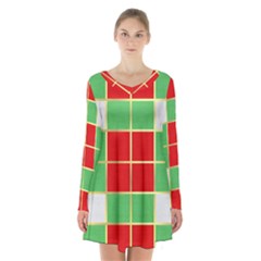 Christmas Fabric Textile Red Green Long Sleeve Velvet V-neck Dress by Wegoenart