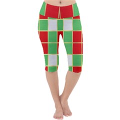 Christmas Fabric Textile Red Green Lightweight Velour Cropped Yoga Leggings by Wegoenart