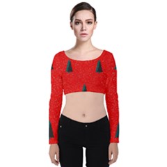 Christmas Time Fir Trees Velvet Long Sleeve Crop Top by Wegoenart