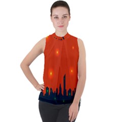 City Light Night Lights Evening Mock Neck Chiffon Sleeveless Top