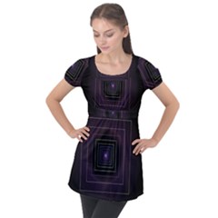 Fractal Square Modern Purple Puff Sleeve Tunic Top