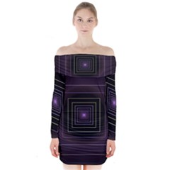 Fractal Square Modern Purple Long Sleeve Off Shoulder Dress by Wegoenart