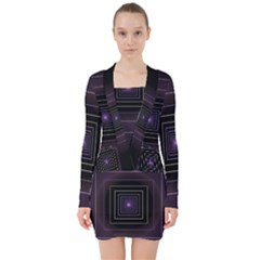 Fractal Square Modern Purple V-neck Bodycon Long Sleeve Dress by Wegoenart