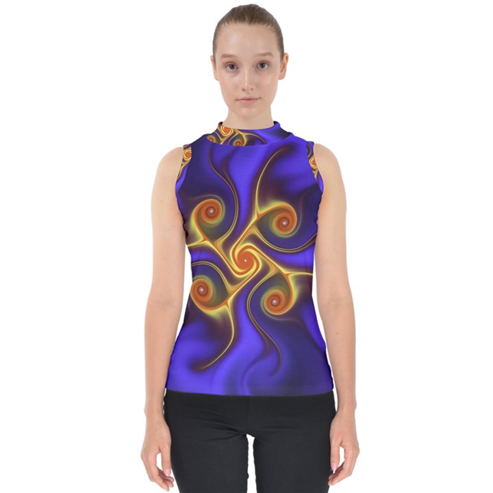 Fractal Neon Blue Bright Fantasy Mock Neck Shell Top