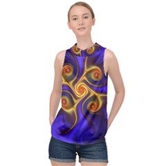 Fractal Neon Blue Bright Fantasy High Neck Satin Top