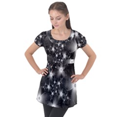 Black And White Floral Fractal Puff Sleeve Tunic Top