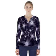 Black And White Floral Fractal V-neck Long Sleeve Top by Wegoenart