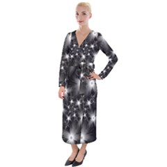 Black And White Floral Fractal Velvet Maxi Wrap Dress