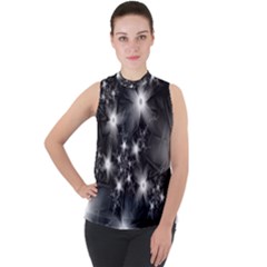 Black And White Floral Fractal Mock Neck Chiffon Sleeveless Top