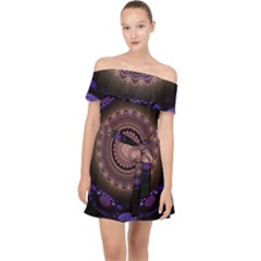 Fractal Neon Blue Energy Fantasy Off Shoulder Chiffon Dress