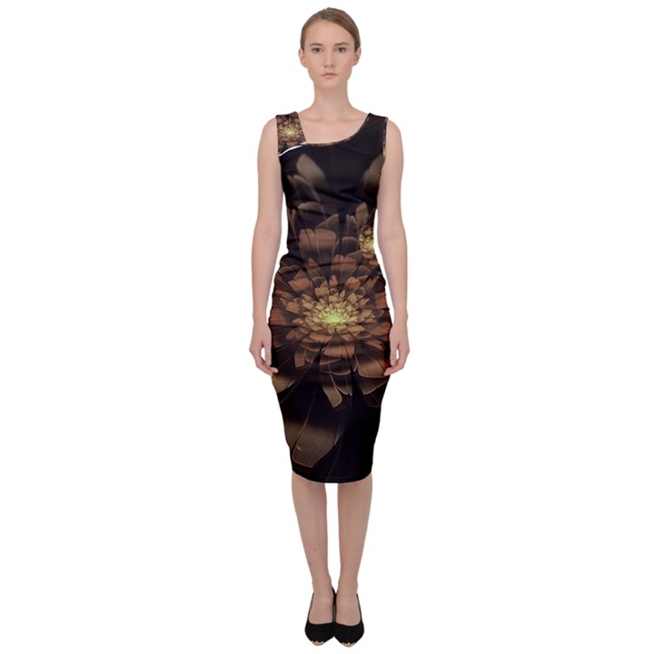 Fractal Flower Floral Bloom Brown Sleeveless Pencil Dress