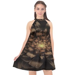 Fractal Flower Floral Bloom Brown Halter Neckline Chiffon Dress  by Wegoenart