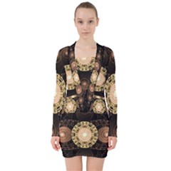 Fractal Design Pattern Fantasy V-neck Bodycon Long Sleeve Dress by Wegoenart