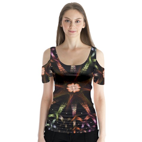 Fractal Colorful Pattern Texture Butterfly Sleeve Cutout Tee  by Wegoenart