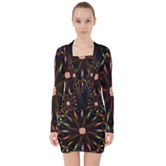 Fractal Colorful Pattern Texture V-neck Bodycon Long Sleeve Dress by Wegoenart