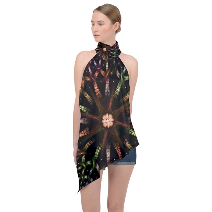 Fractal Colorful Pattern Texture Halter Asymmetric Satin Top