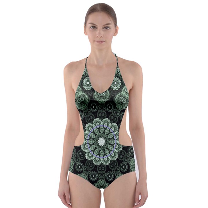 Fractal Green Lace Pattern Circle Cut-Out One Piece Swimsuit