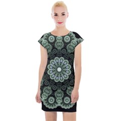 Fractal Green Lace Pattern Circle Cap Sleeve Bodycon Dress