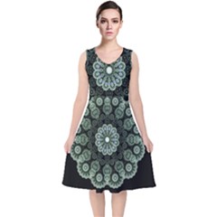 Fractal Green Lace Pattern Circle V-neck Midi Sleeveless Dress  by Wegoenart