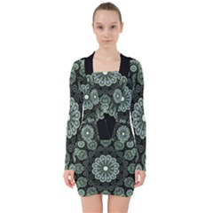 Fractal Green Lace Pattern Circle V-neck Bodycon Long Sleeve Dress by Wegoenart