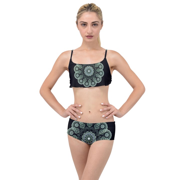 Fractal Green Lace Pattern Circle Layered Top Bikini Set