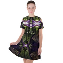 Fractal Green Tin Pattern Texture Short Sleeve Shoulder Cut Out Dress 