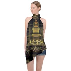 Fractal City Geometry Lights Night Halter Asymmetric Satin Top