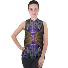 Fractal Blue Tin Pattern Texture Mock Neck Chiffon Sleeveless Top