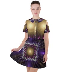 Fractal Rays Geometry Space Glow Short Sleeve Shoulder Cut Out Dress  by Wegoenart