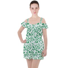 Leaves Foliage Green Wallpaper Ruffle Cut Out Chiffon Playsuit by Wegoenart