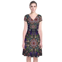 Fractal Detail Elements Pattern Short Sleeve Front Wrap Dress