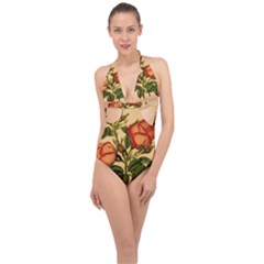 Vintage Flowers Floral Vintage Halter Front Plunge Swimsuit by Wegoenart