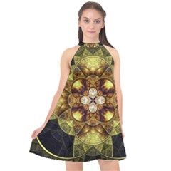 Fractal Yellow Gold Decorative Halter Neckline Chiffon Dress  by Wegoenart